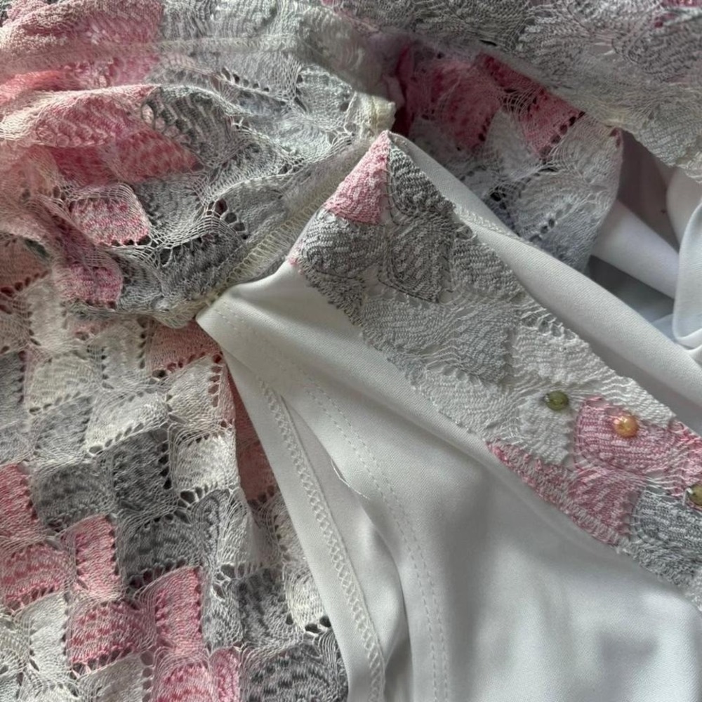 Y2K Alfred Dunner Crochet Twofer Women's Size Medium Pink Gray White Stripe Boho - Picture 7 of 7